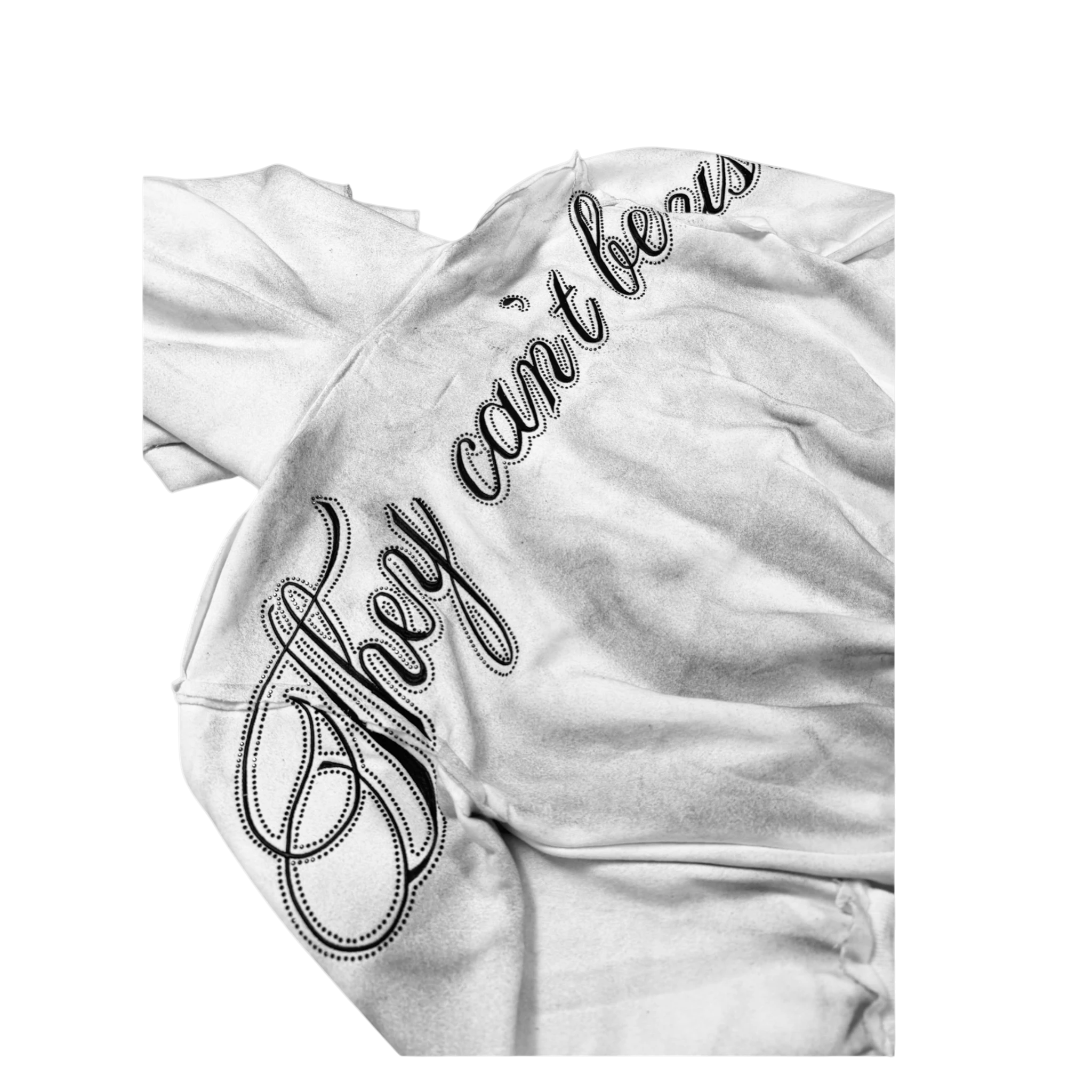 WORST WORK Dirty Snow crystalized cotton sweatsuit hoodie with distressed reverse stitching and screen printed text