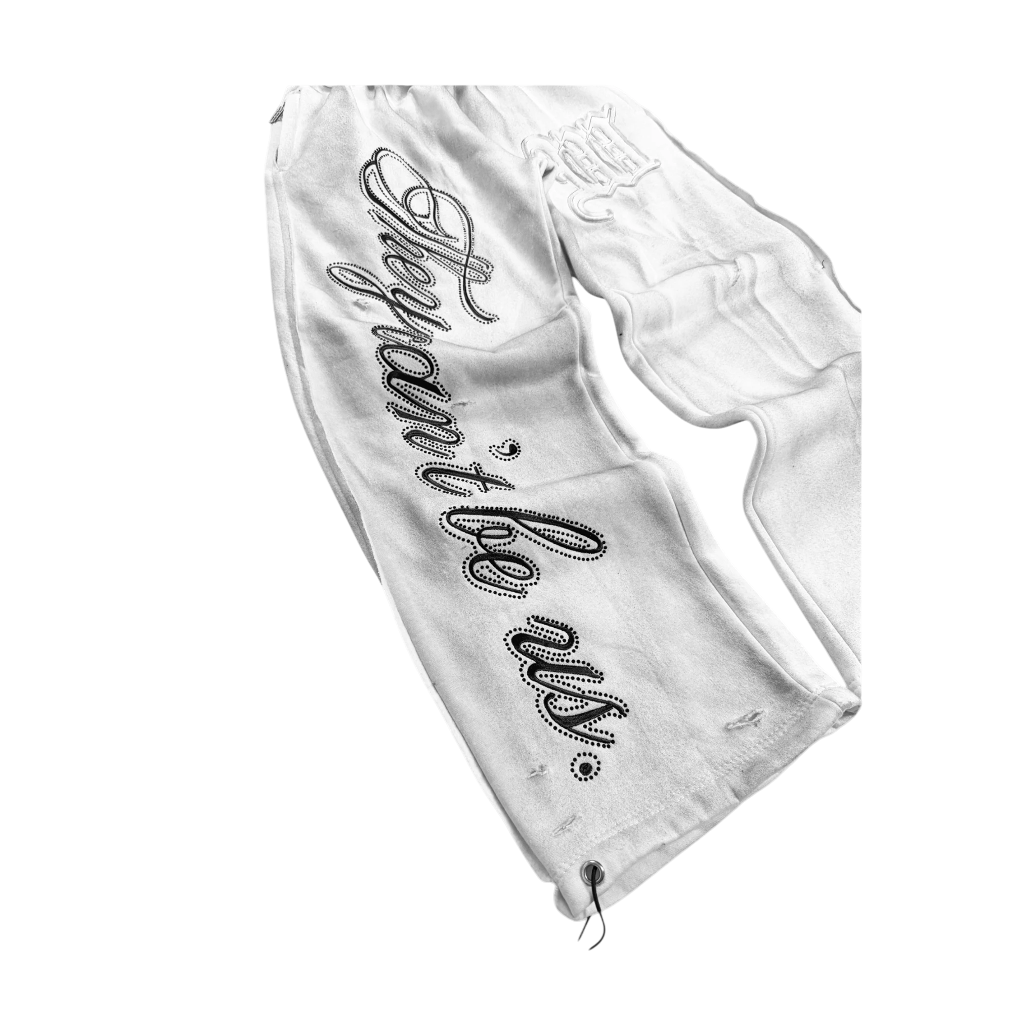 WORST WORK DIRTY SNOW crystalized baggy sweatpants in faded white cotton with distressed reverse stitch detailing