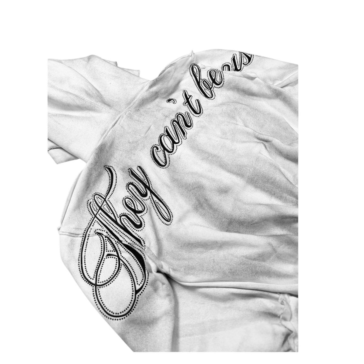 WORST WORK Dirty Snow crystalized cotton sweatsuit hoodie with distressed reverse stitching and screen printed text