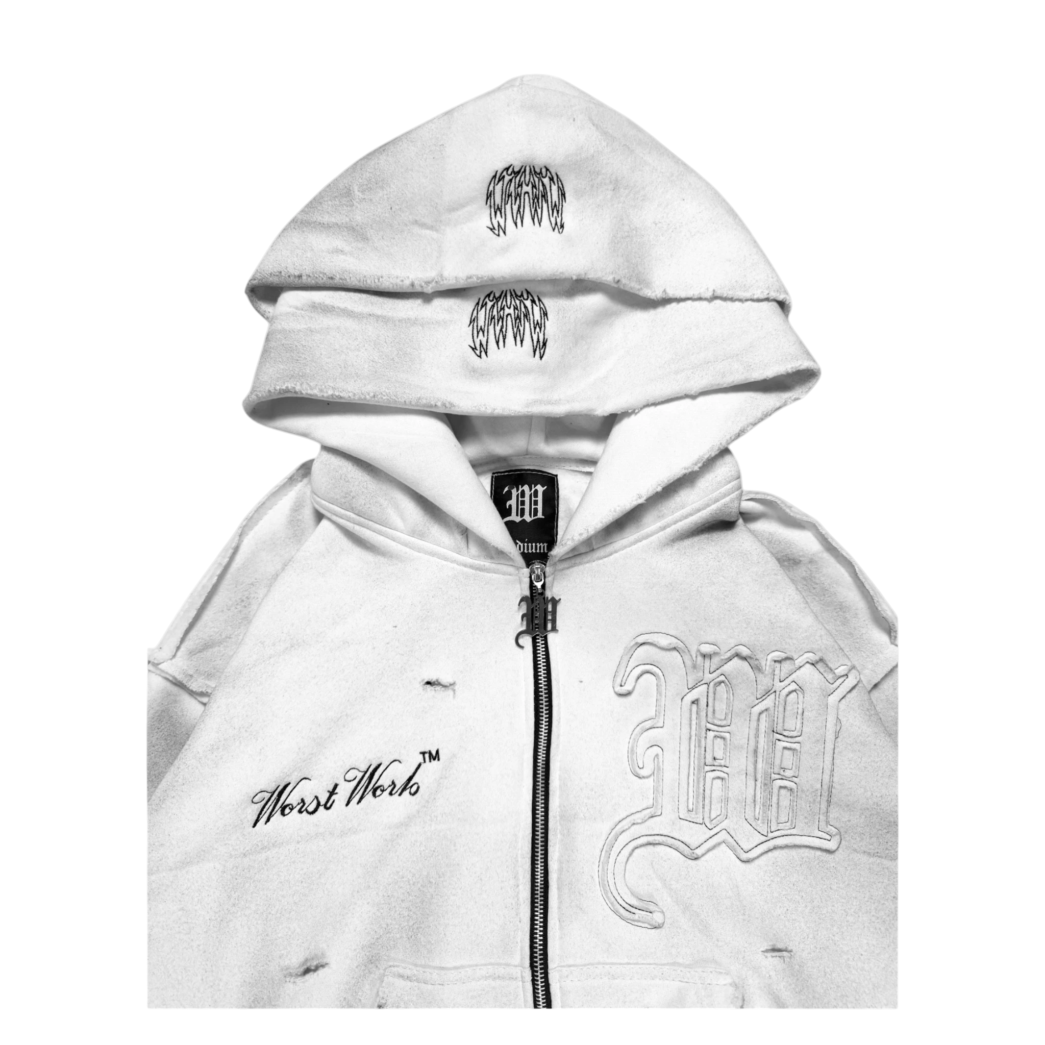 WORST WORK DIRTY SNOW crystalized baggy cotton hoodie with distressed reverse stitching and custom metal zipper