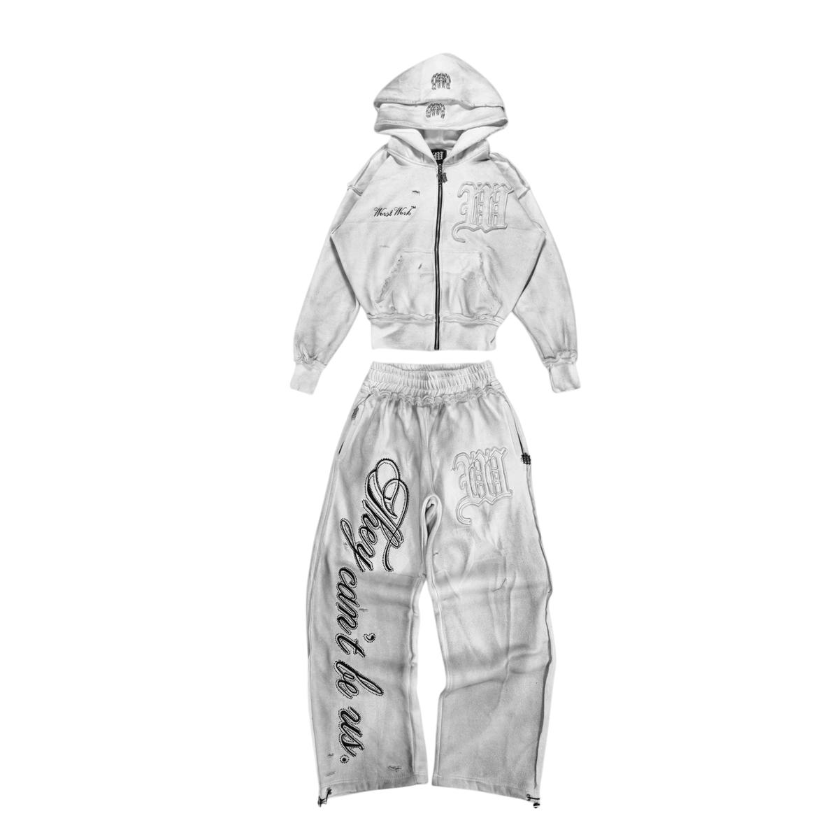 WORST WORK DIRTY SNOW crystalized baggy cotton sweatsuit with distressed reverse stitching and graphic embroidery.
